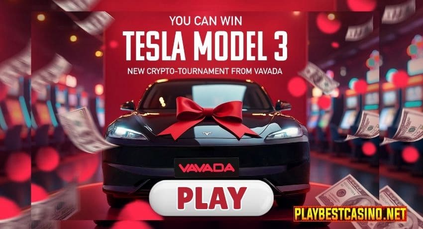 Cryptocurrency tournament in casino Vavada and the main prize TESLA is in the photo.