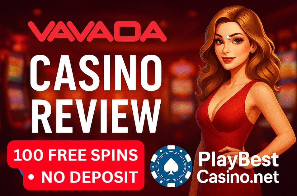 Vavada Casino review banner with PlayBestCasino.net logo and 100 free-spin bonus headline