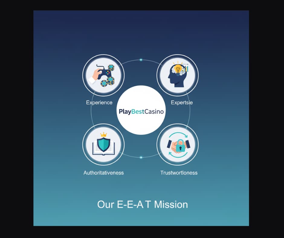 Infographic depicting PlayBestCasino's E-E-A-T mission, with icons for real-money experience, expert knowledge, industry authority, and player trust.