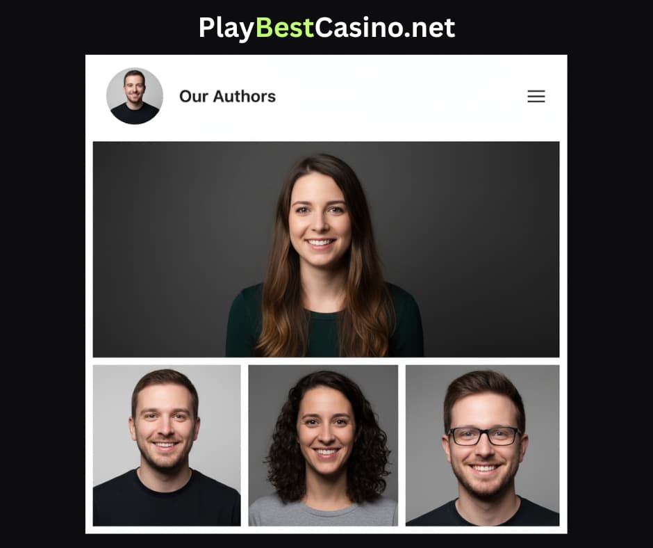 Collage of PlayBestCasino's iGaming expert team members: Vadim K., Elīna Bērziņa, Lukas Jankauskas, and Viktorija Novikova, representing experience, expertise, authoritativeness, and trustworthiness in online casino reviews.