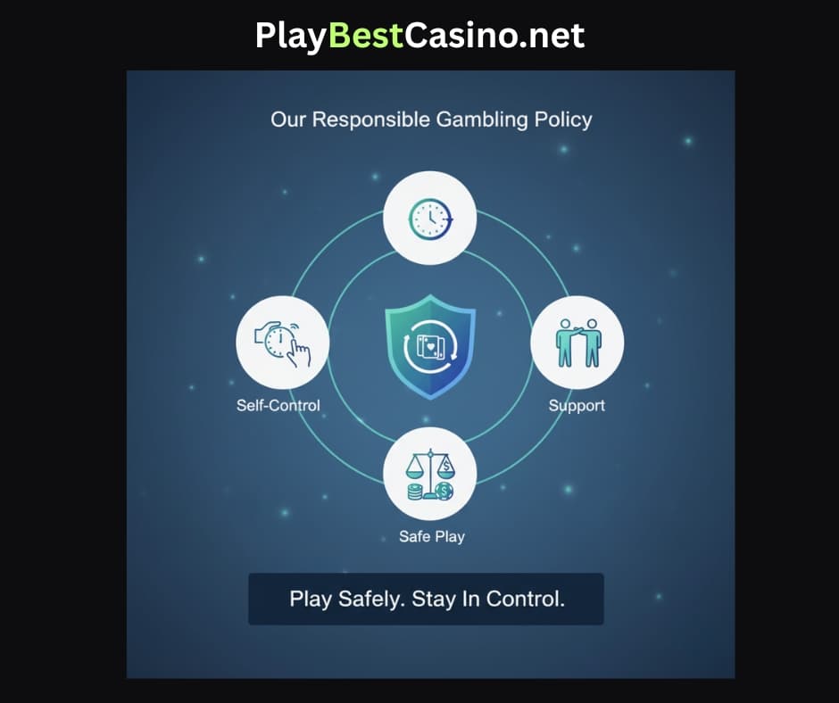Infographic for responsible gambling policy, showing icons for safe play, self-control, and support, with a shield and human figures.