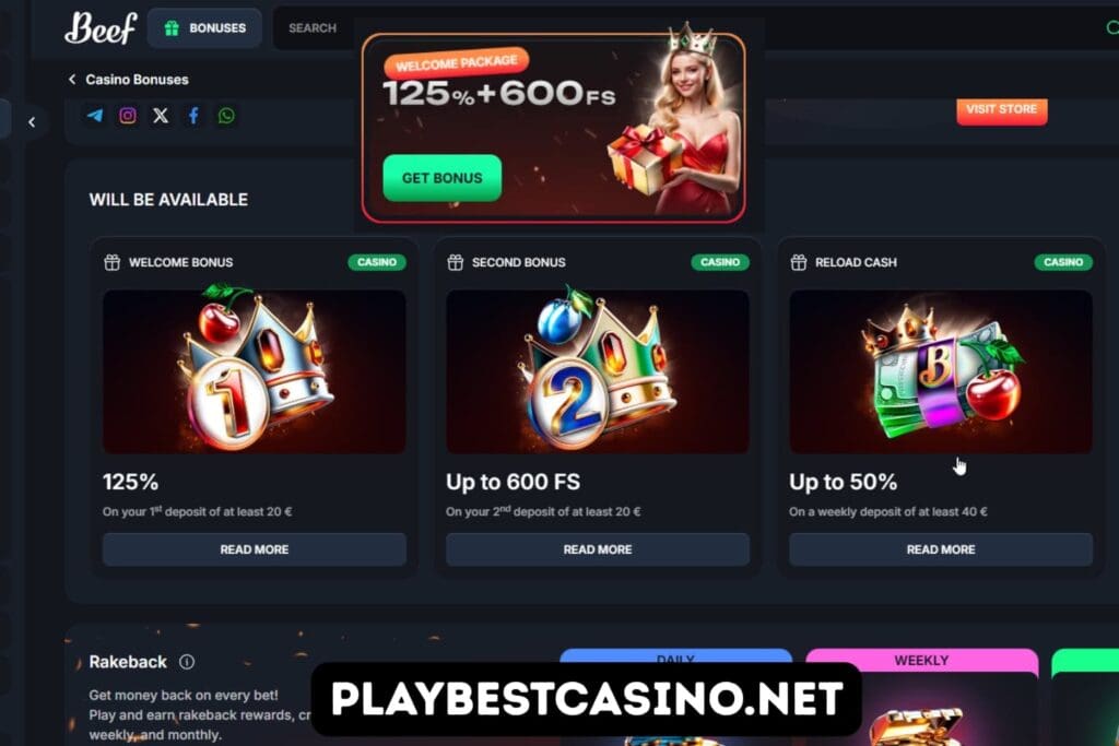 Beef Casino bonuses page showing first deposit 125%, up to 600 FS and weekly cashback.