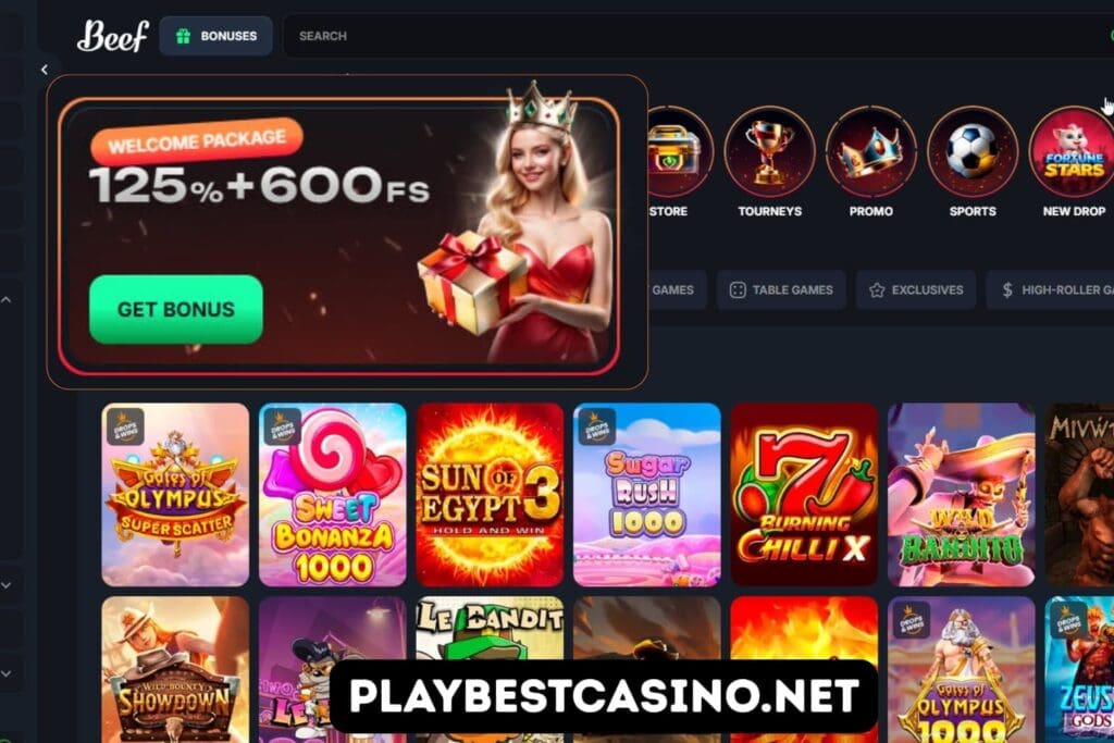 Beef Casino slots lobby with Sweet Bonanza, Sun of Egypt and other top games.