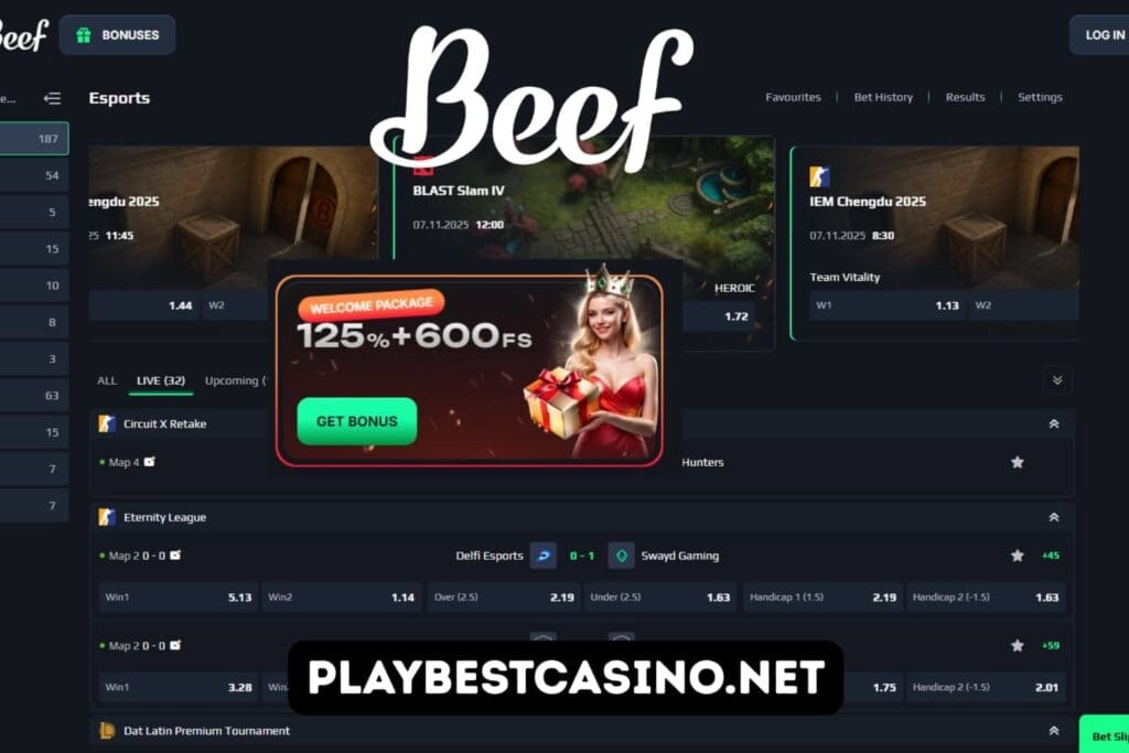 Beef Casino welcome package banner offering 125% + 600 free spins.