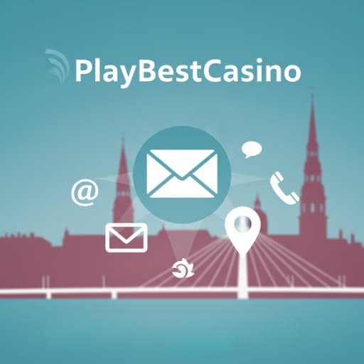 Image for PlayBestCasino's contact us page, featuring communication icons like email and location pin over a stylized background of Riga, Latvia, emphasizing accessibility and transparency.