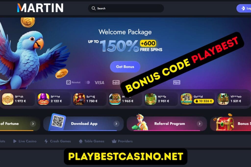 Martin Casino welcome package up to 150% + 600 Free Spins — use bonus code PLAYBEST at PlayBestCasino.net