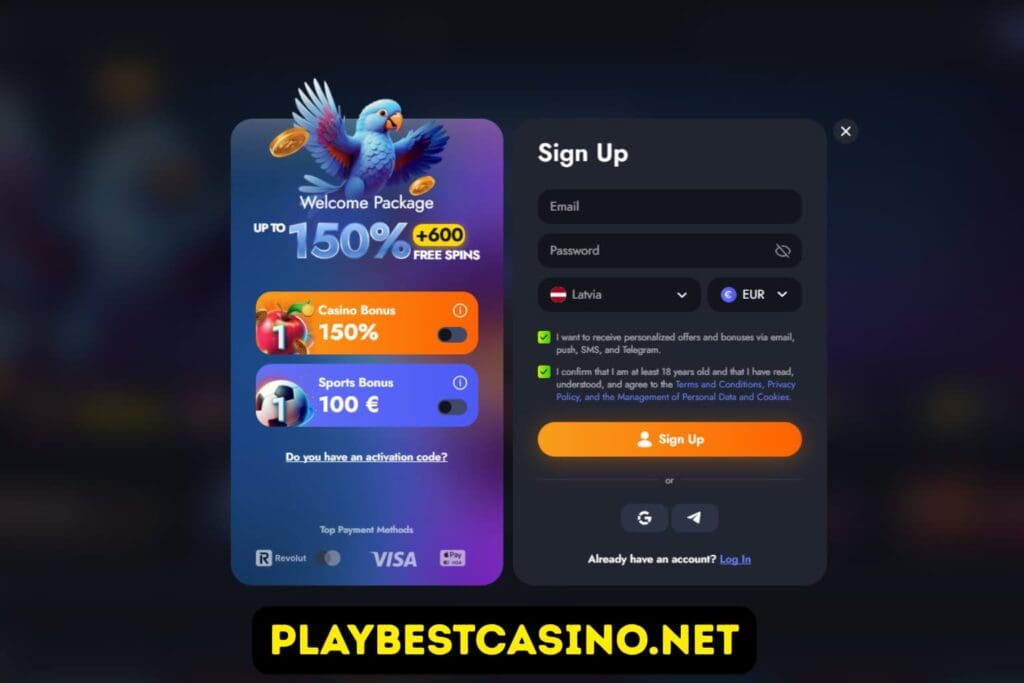 Martin Casino sign-up screen with Welcome Package up to 150% + 600 Free Spins for new players