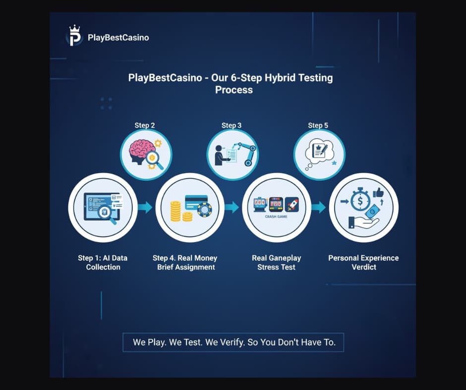 Infographic of the 6-step "How We Test" process at PlayBestCasino, showing 1. Fact Layer Generation (Bot-Assisted), 2. Expert Brief Assignment, 3. Real Money Deposit, 4. Gameplay Stress Test, 5. Withdrawal Timer, and 6. Personal Experience Verdict.
