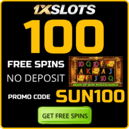 100 Free Spins No deposit in Game Book of Sun Multichance in 1xSLOTS Casino are on photo.